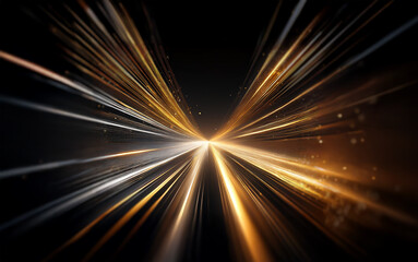A glowing abstract design with a perspective view of radiating light streaks and a central point of origin.