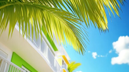 Fototapeta premium A vibrant scene featuring lush green palm leaves against a bright blue sky and colorful building, evoking a tropical atmosphere.