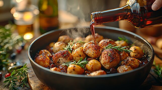 A chef pouring wine into a simmering pot of coq au vin, masterpiece, ultra realistic, 8k, best quality, isolated on a warm kitchen background