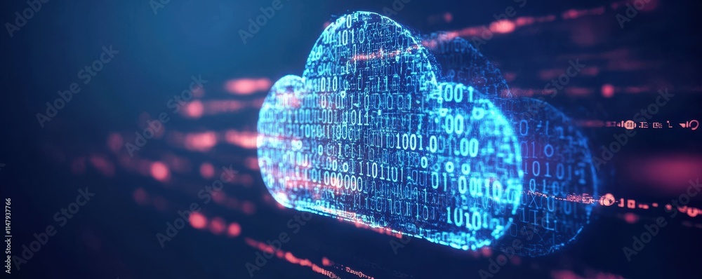 Poster a futuristic web hologram depicting digits and codes with a cloud icon. abstract motion of digital d