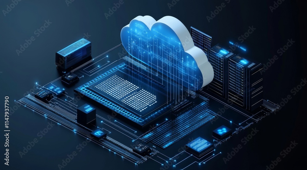 Aufkleber cloud computing technology with data processing architecture and digital storage solutions represent