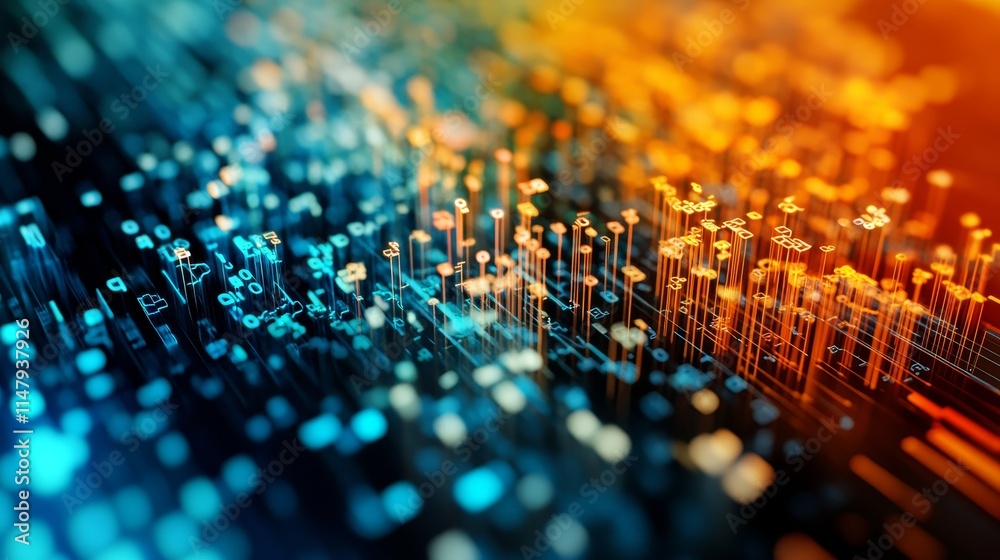 Poster visual representation of digital data streams in vibrant colors showcasing data flow and connectivit