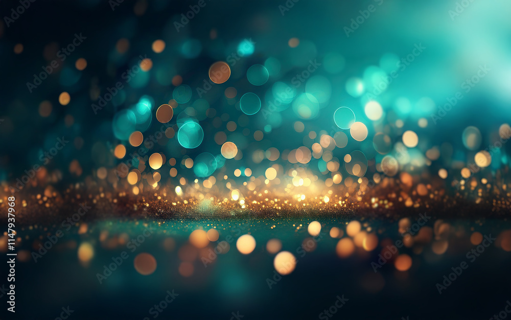 Poster A dark blue and green background with a blurred  layer of golden glitter in the foreground.