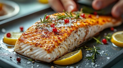 A chef seasoning a fish fillet with sea salt and herbs, masterpiece, ultra realistic, 8k, best quality, isolated on a light blue kitchen background
