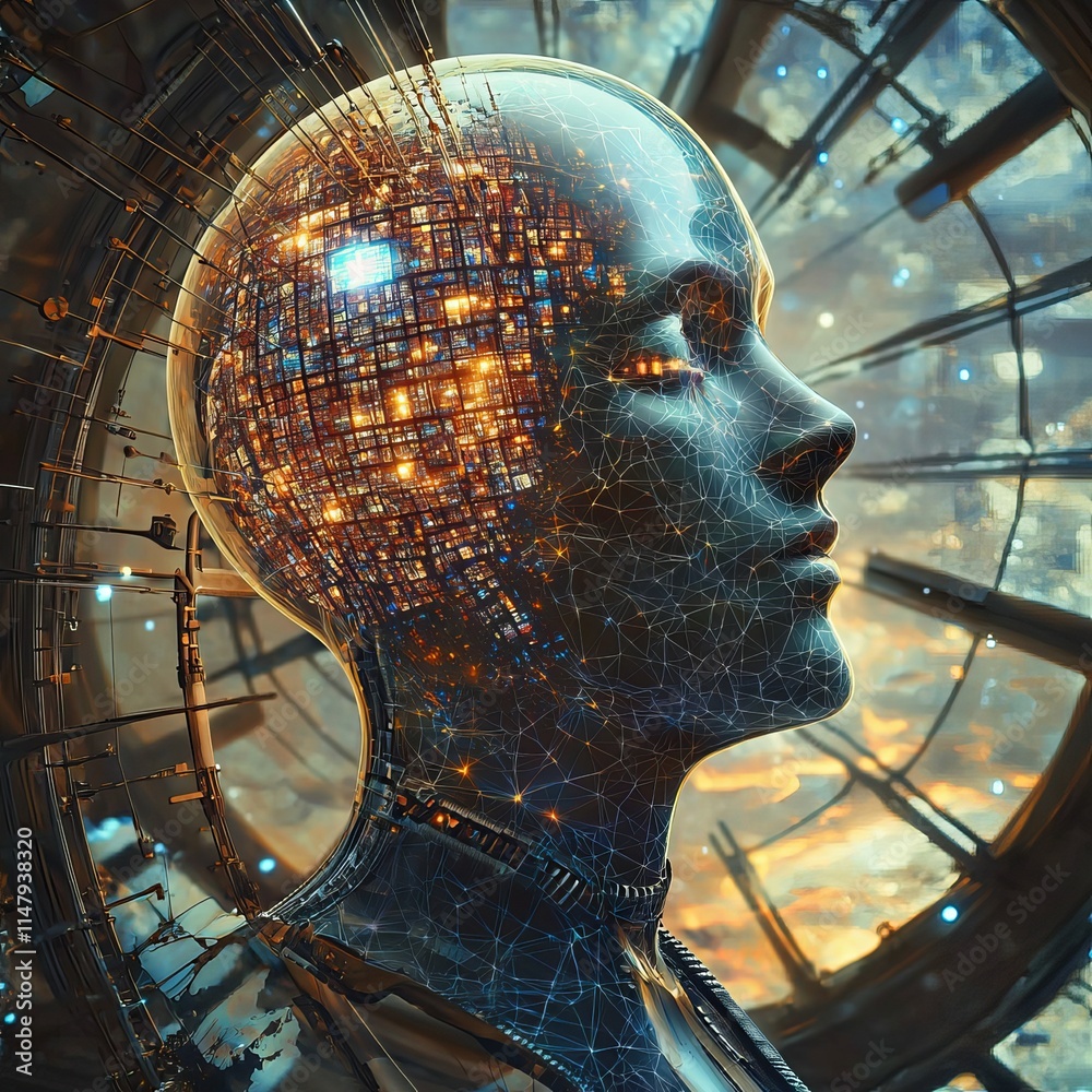 Poster sleek humanoid robot with illuminated circuitry against a futuristic backdrop showcasing advanced te