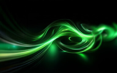 Fototapeta premium Abstract green light streaks form swirling, dynamic shapes against a black background.