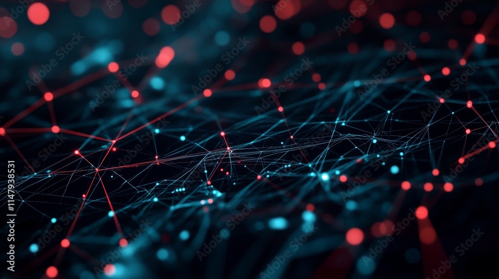 Poster visual representation of interconnected nodes and lines showing a digital network in vibrant colors