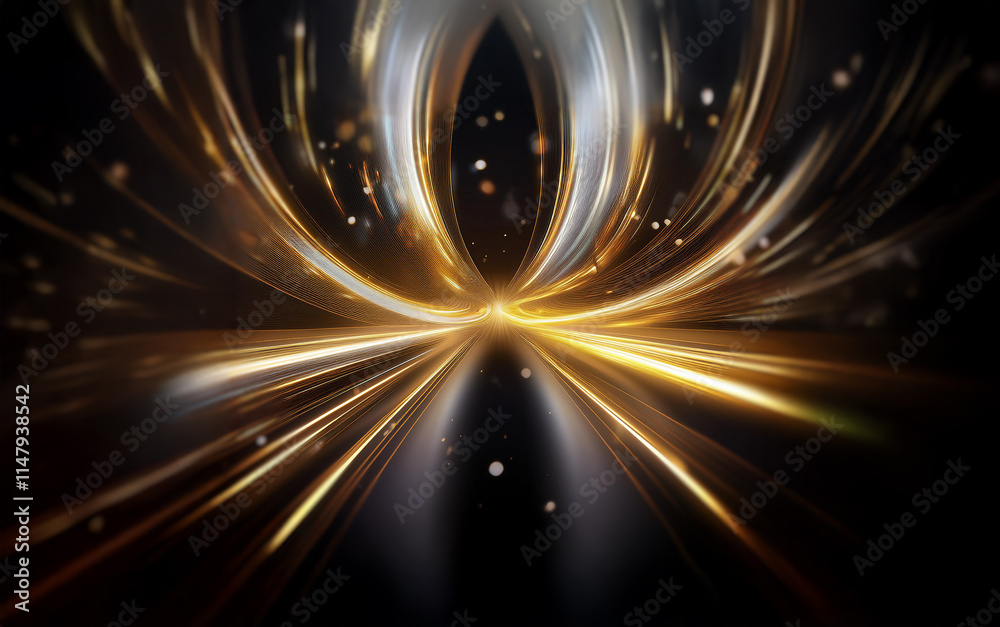 Poster a golden light streaks across a black background, creating a tunnel-like effect with glowing white o