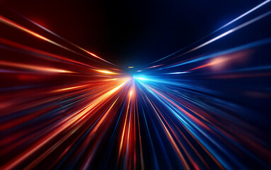 Abstract digital art depicting a tunnel of speeding light, with streaks of red and blue blending and diverging.