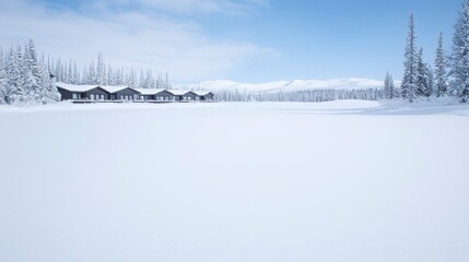 A serene winter landscape featuring snow-covered ground and distant cabins under a clear blue sky.