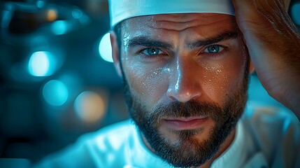 A chef wiping their brow after a grueling cooking challenge, masterpiece, ultra realistic, 8k, best quality, isolated on a dramatic cooking game show studio