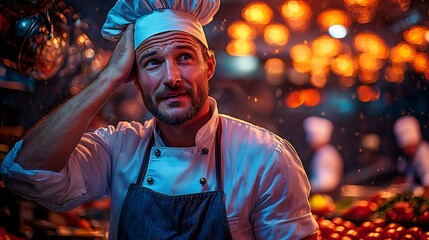 A chef wiping their brow after a grueling cooking challenge, masterpiece, ultra realistic, 8k, best quality, isolated on a dramatic cooking game show studio