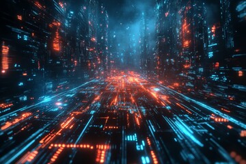 Obraz premium Data Cityscape With Glowing Lights and Vibrant Colors Creating a Futuristic Atmosphere at Night