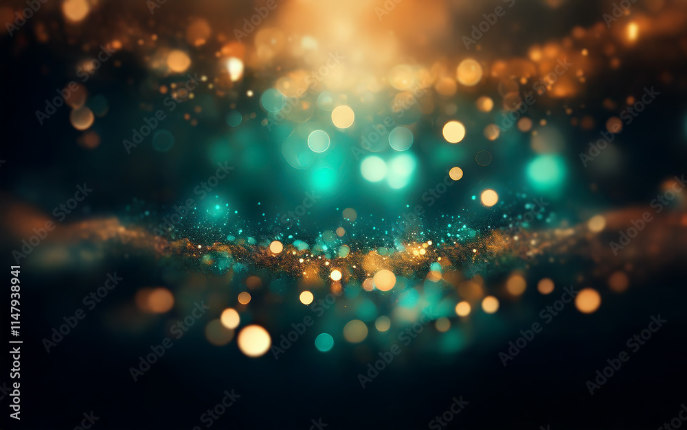 Poster A dark background with a soft light coming from the top, creating a bokeh effect with teal and gold lights.