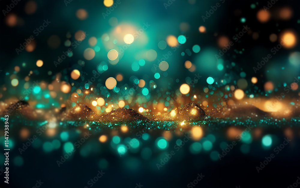 Poster a dark background with a glowing layer of golden glitter and scattered bokeh lights in shades of tea