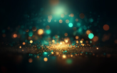 A dark background with a shimmering layer of gold and teal lights.