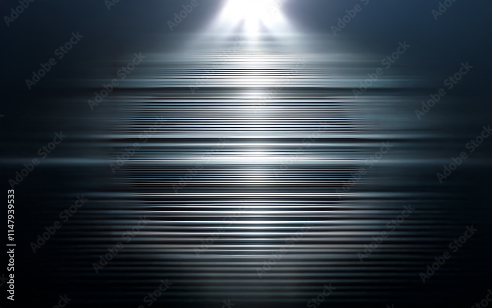 Poster a dark background with a bright spotlight shining down. horizontal lines of light and dark create a 