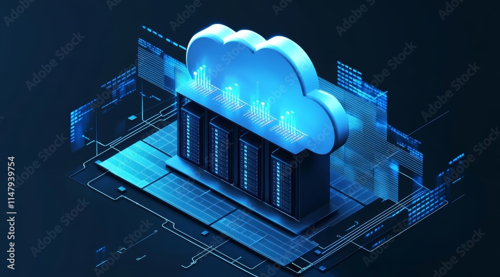 Poster cloud computing technology displayed with servers and data visualization on a digital interface