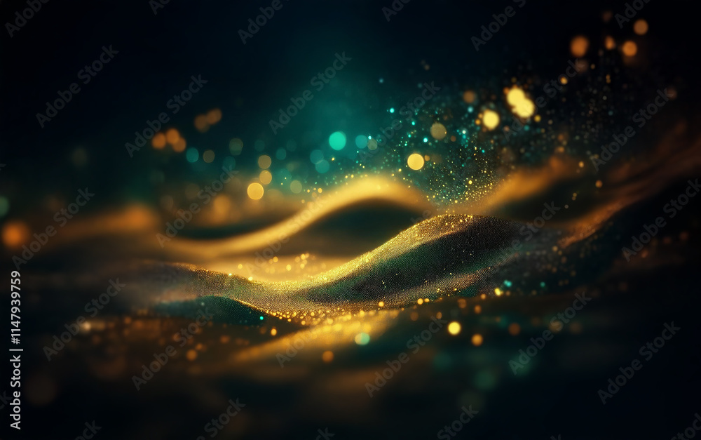 Aufkleber Abstract background of shimmering particles with soft glowing lights and waves of gold and teal.