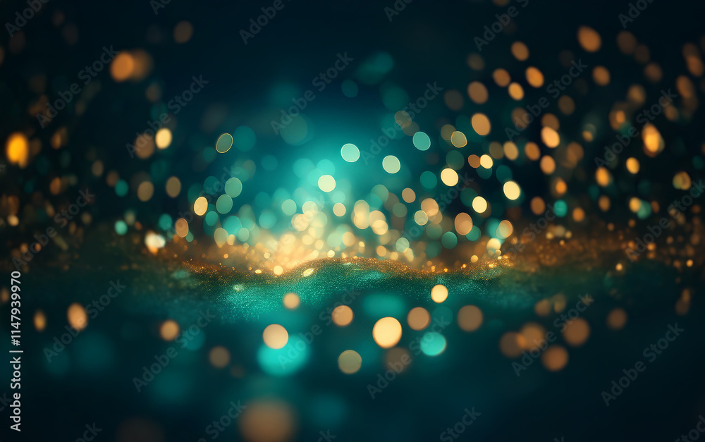 Poster a soft, swirling background with a turquoise glow in the center surrounded by shimmering gold and tu