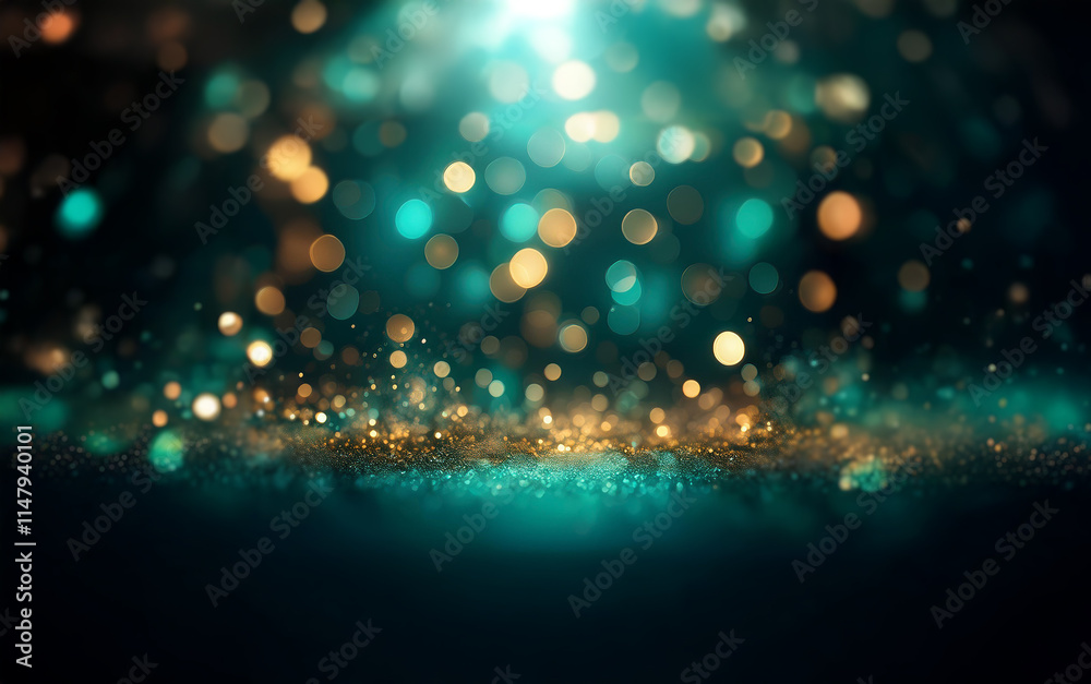 Poster A dark background with a scattering of  gold and turquoise bokeh, creating a sparkling, celebratory effect.