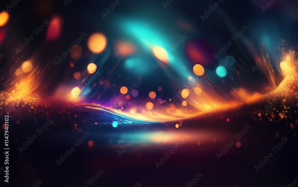 Poster A dark background with streaks of light and colorful bokeh, creating a sense of movement and energy.