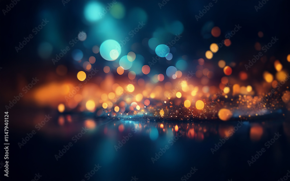 Poster Abstract background with blurred out-of-focus bokeh lights, with warm and cool tones and a dark background.