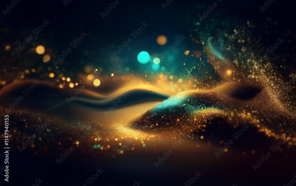 Aufkleber abstract digital art with glowing particles and blurred lights on a dark background.