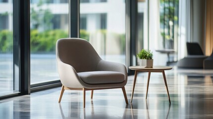 Minimalist modern lounge with sleek, open decor. Featuring clean lines and soft colors