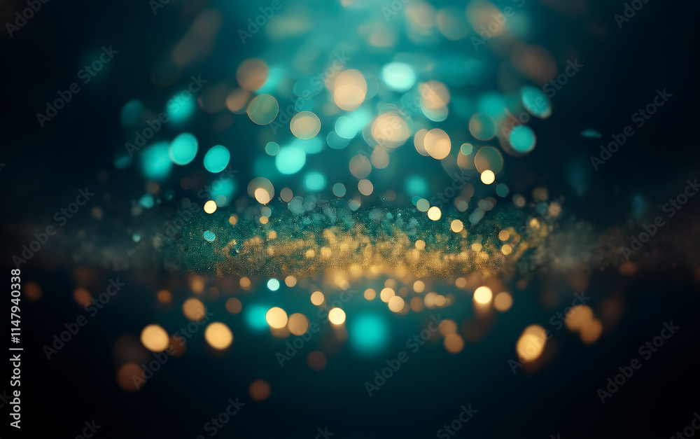 Poster A dark background with a layer of sparkly gold dust illuminated by an out of focus light source creating teal and gold bokeh.