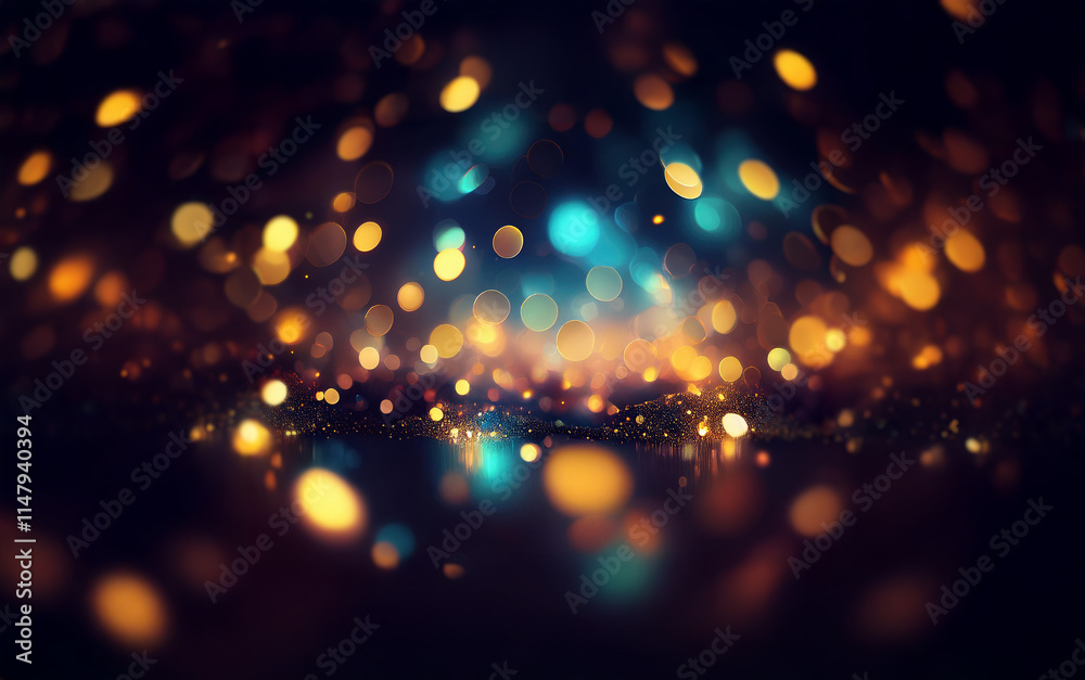Poster a dark background with out-of-focus lights in shades of blue, yellow, and orange, creating a sparkli