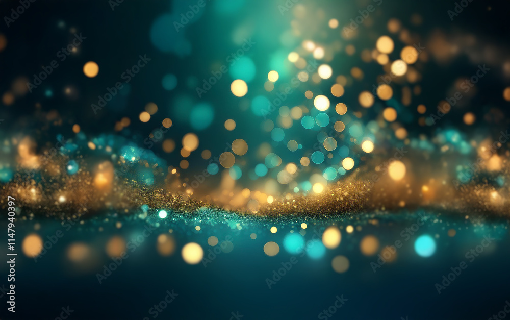 Poster A dark blue background with an abstract design of golden and teal bokeh lights with a soft glow.