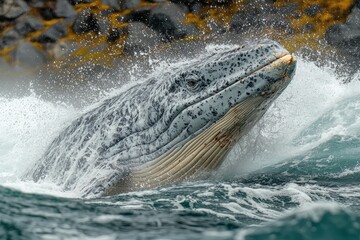 Fototapeta premium Majestic humpback whale breaching, ocean spray, close-up view of its textured skin and baleen plates.
