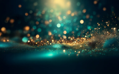 Obraz premium Abstract background with a teal and gold color scheme. Glittering particles and bokeh lights create a dreamy effect.