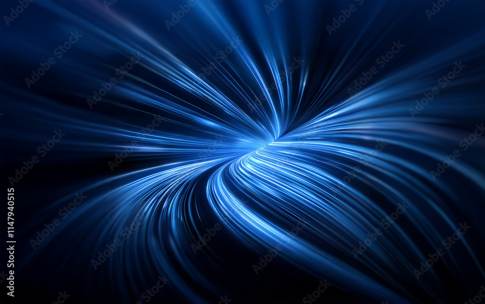 Poster Abstract blue lines swirl in a dark background, creating the illusion of a vortex or tunnel of light.