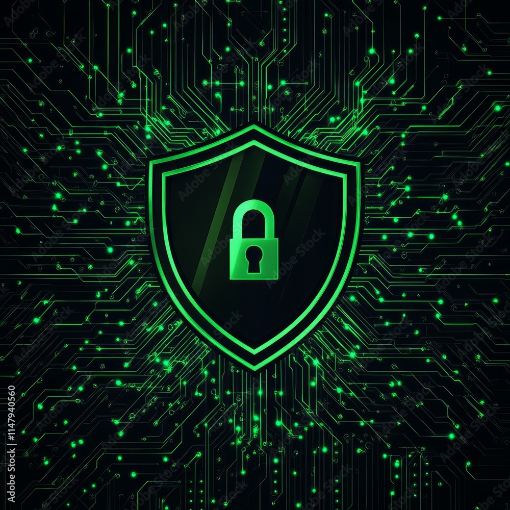 Poster digital security shield with padlock symbol and glowing circuit background illustrating cybersecurit