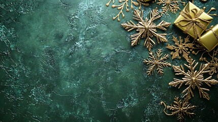Elegant art deco Christmas card featuring intricate golden snowflakes gift accents and green textured background