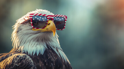 bald eagle wearing patriotic sunglasses, showcasing American pride