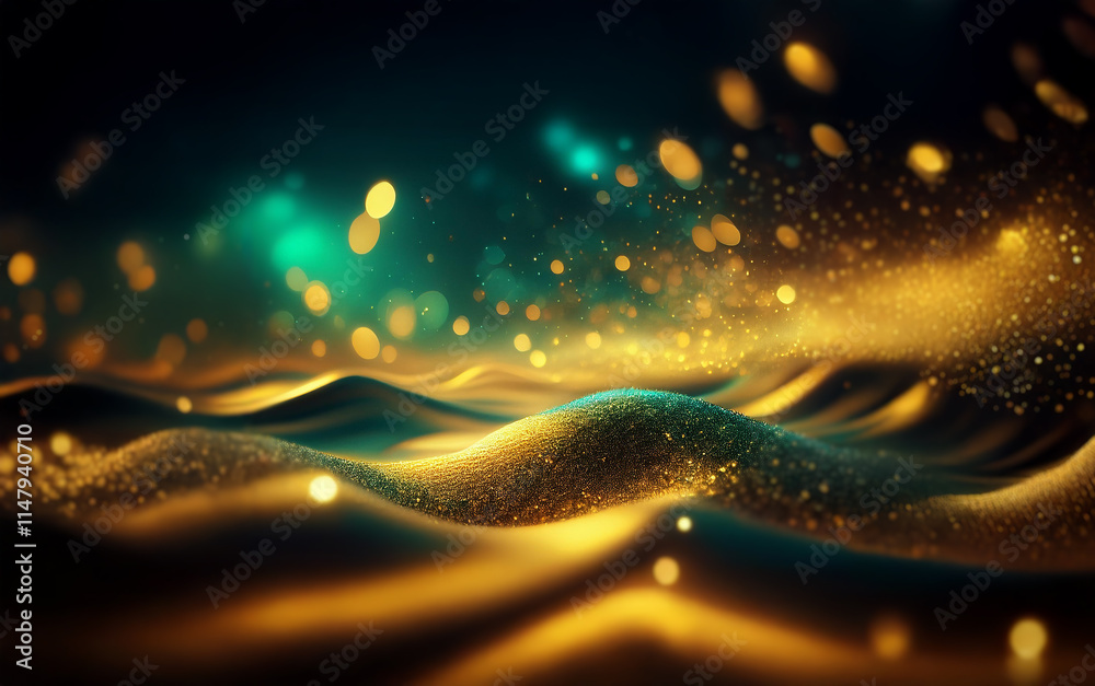 Poster Abstract background of golden, shimmering particles with a wave-like pattern, illuminated by soft, blurred lights.