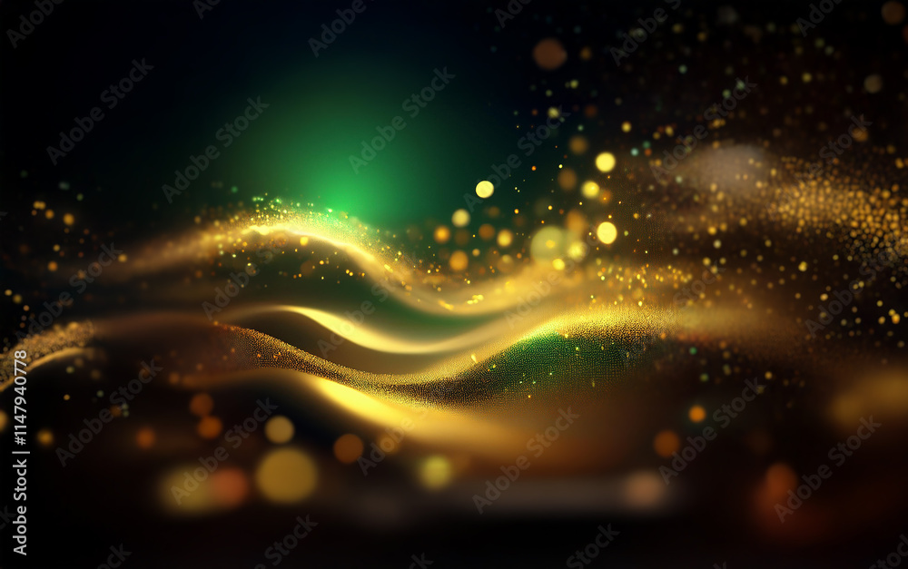 Poster A shimmering wave of golden light dances across a dark background, with glowing green light and bokeh effects adding depth and brilliance.