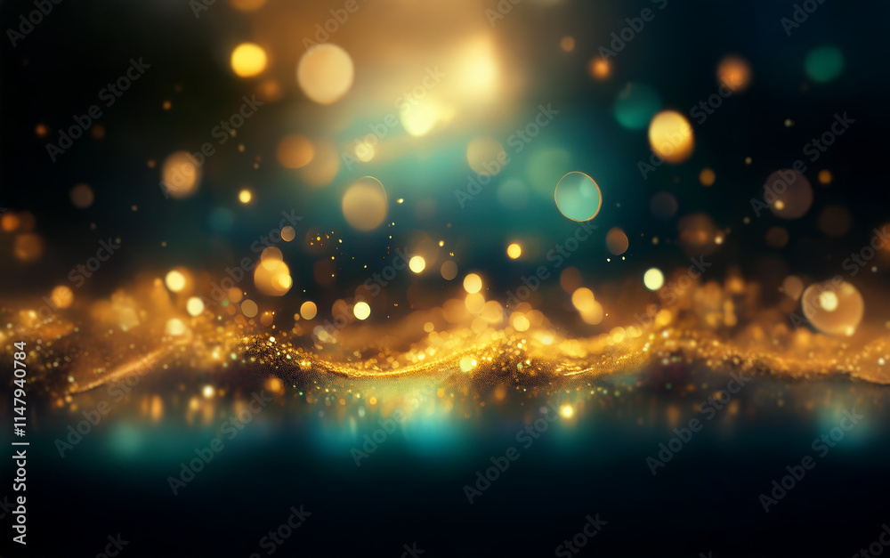 Poster a dark background with sparkling gold dust reflecting light, illuminated by a soft glow of golden an