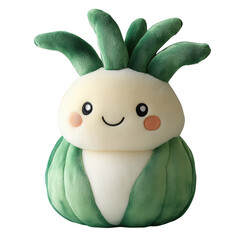 Green patterned plush toy resembling plant with large eyes, white fur texture, seated upright, transparent PNG for children's toys or home decor