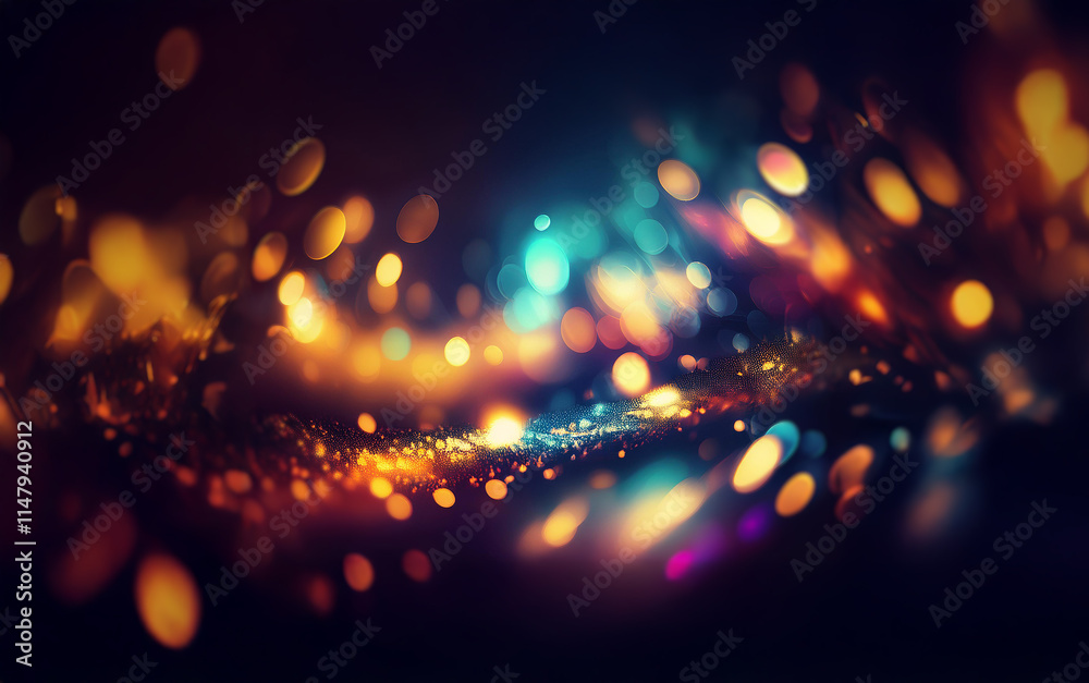 Poster a dark background with bright colorful bokeh lights that blur together.