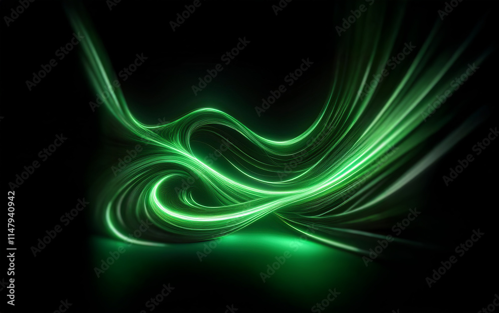 Poster abstract glowing green lines in a dark background.