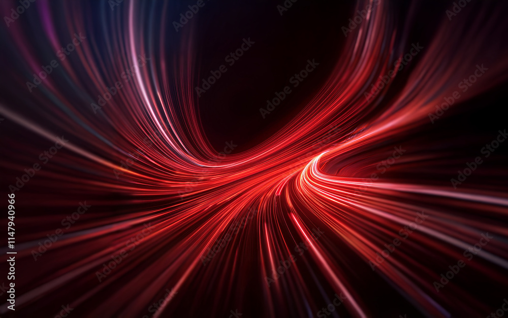 Poster abstract digital art with flowing red and white light streaks on a black background.