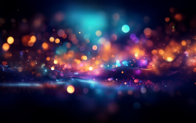 A dark abstract background with a colorful bokeh effect and a subtle ripple effect.