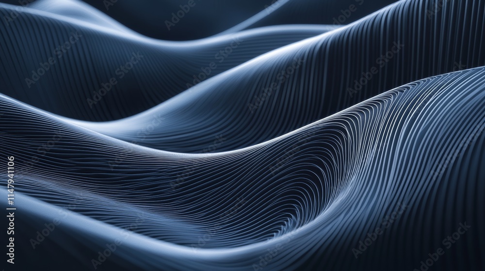 Poster waves of flowing blue lines create a dynamic and abstract pattern, showcasing depth and rhythm in a 