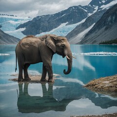 An elephant standing beside a tranquil white and blue glacial lake.