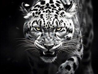 Close-up of a snow leopard's intense glare, black and white, showing its teeth and fur details.