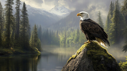 Majestic bald eagle perched on moss covered rock by serene lake